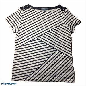 Karen Scott Boatneck Diagonal Stripes Naval Short Sleeve Top White Navy Medium